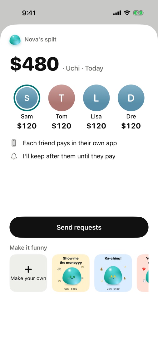 Oumy splitting $480 at Uchi four ways: Sam, Tom, Lisa and Dre each owe $120, with a Send requests button.